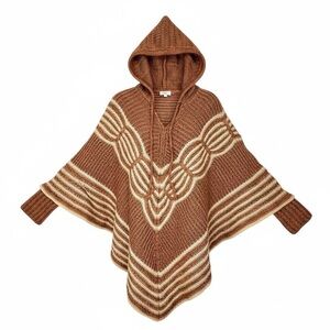 Hot & Delicious Knit Poncho Hooded Sweater Sz M/L Brown Striped Pullover Acrylic